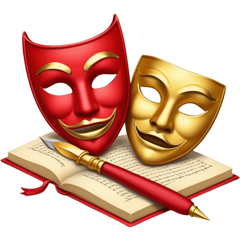 Create a bold and dramatic emoji representing the art of playwriting. The design should feature an open script or a theater playbook, with stylized text inside. Include elements like a theatrical comedy and tragedy masks, a stage spotlight, or a writting quill to symbolize creativity and performance. Use deep, contrasting colors like red, black, and gold to evoke the intensity and passion of drama. The overall design should feel dramatic, inspiring, and artistic. Make the background transparent. emoji