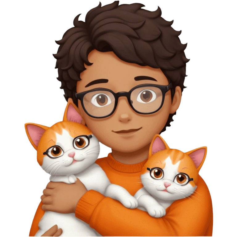 Boy with curl dark hair and glasses hugs white and orange cat emoji