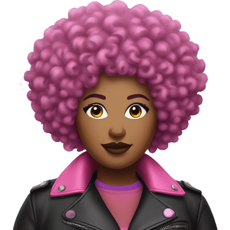 Plus size black woman with short  pink curly afro and a purple leather biker jacket with makeup on face. emoji