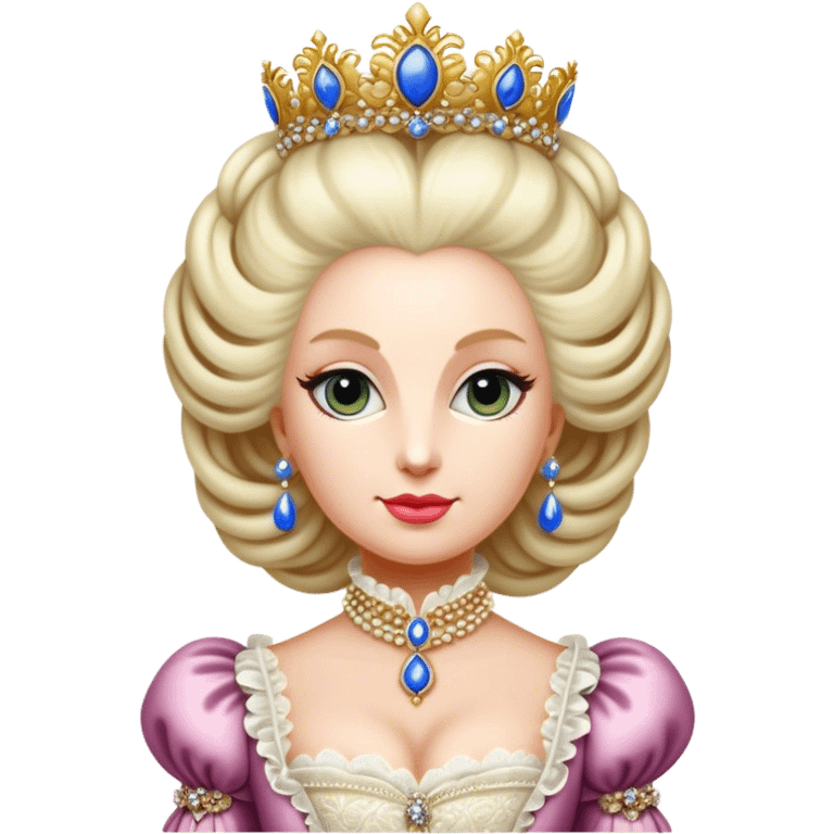 Cinematic Realistic Marie Antoinette Portrait Emoji, depicted as an opulent royal figure with elegant attire and a graceful poised expression, rendered with rich textures and soft lavish lighting that captures her historical allure. emoji