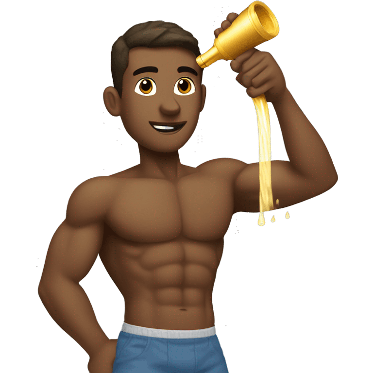 Shirtless gym bro spraying gold water from a fire hose emoji