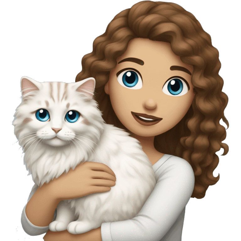 woman with long curly brown hair and holding a all white Siberian cat with blue eyes emoji