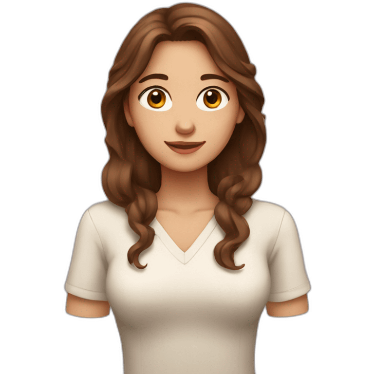 brown-haired woman with long hair, brown eyes, depicting a heart with her hands emoji