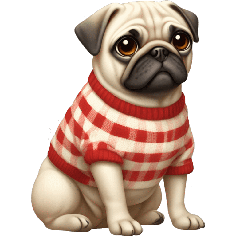 all cream pug,no black snout, wearing a red and white checkered sweater emoji