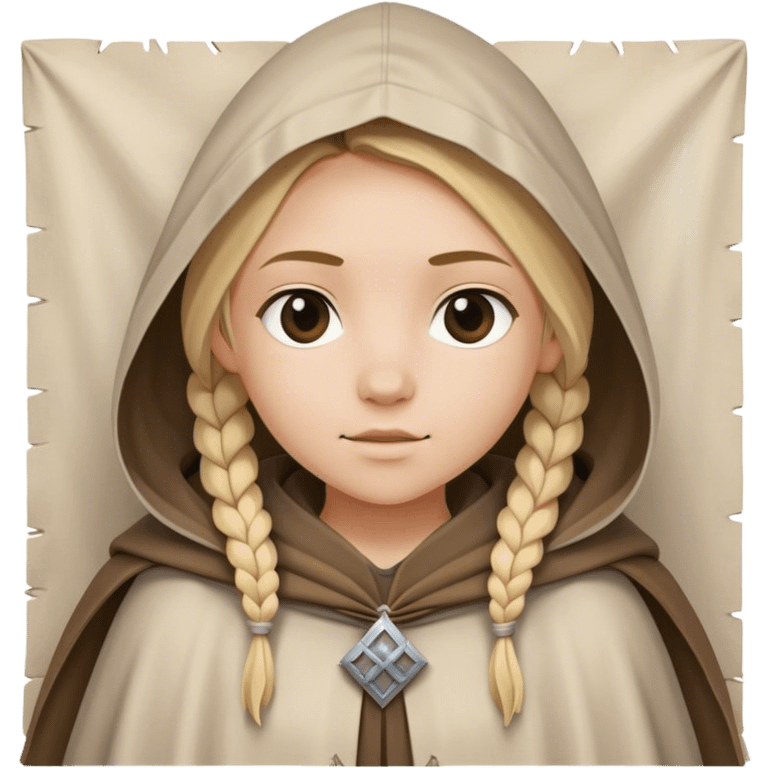 girl with blond braids wearing a cloak with a hood over her shoulders holding a white square of canvas, medieval age emoji