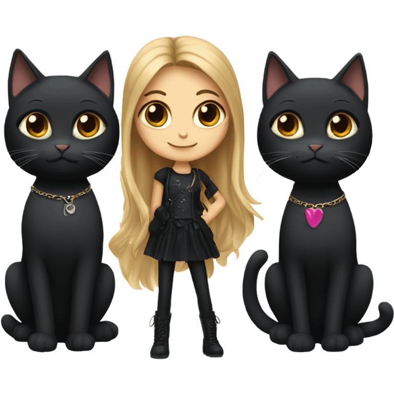 Three black cats as rockstars and a girl with long brown hair emoji