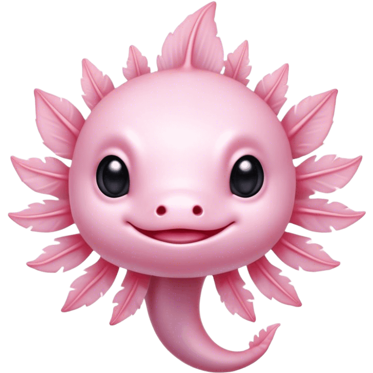 Cinematic Cute Axolotl Portrait Emoji, Head tilted playfully and inquisitively, featuring smooth, pale pink skin with delicate feathery gills and round, sparkling dark eyes filled with curiosity, Simplified yet irresistibly adorable features, highly detailed, glowing with a warm, magical glow, high shine, affectionate and quirky, stylized with a touch of whimsy, bright and endearing, soft glowing outline, capturing the essence of a mischievous yet charming aquatic friend, so playful it feels like it could swim out of the screen and into your heart! emoji