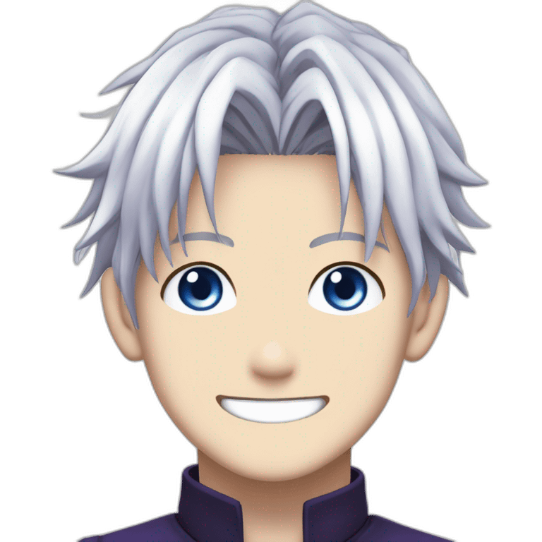 Satoru Gojo with his blue eyes,long medium white hair, a big friendly smile, dark violet uniform from jujutsu kaisen emoji