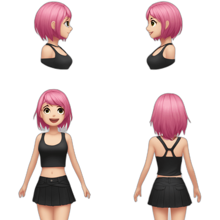 Full body Front view curvy emo girl pink hair sits on the floor straight view hands up black skirt белые трусики полосатые рваные чулки emoji