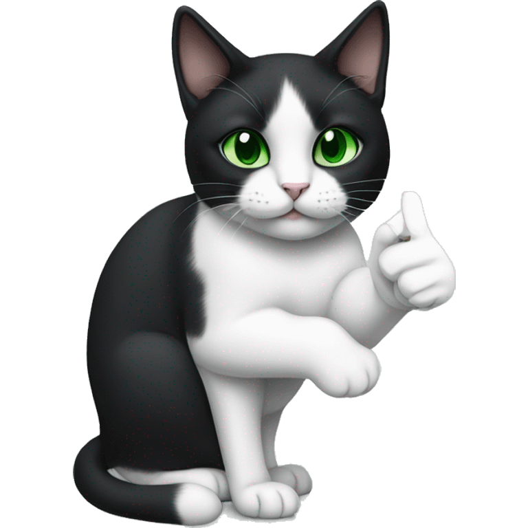 Black and white cat with green eyes Holding the finger in the middle emoji