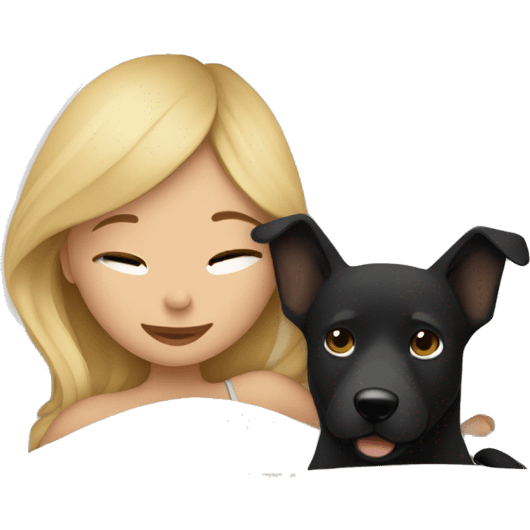 blond girl cuddling in bed with a black/ tan colored dog and cozy blankets emoji