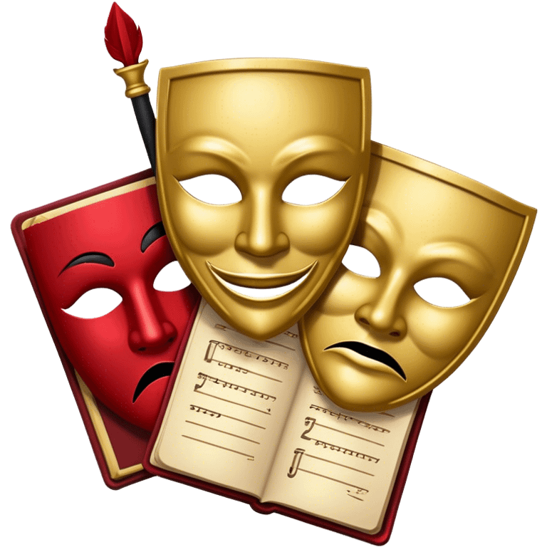 Create a bold and dramatic emoji representing the art of playwriting. The design should feature an open script or a theater playbook, with stylized text lines or dramatic dialogue inside. Include elements like a theatrical comedy and tragedy masks, a stage spotlight, or a writting quill to symbolize creativity and performance. Use deep, contrasting colors like red, black, and gold to evoke the intensity and passion of drama. The overall design should feel dramatic, inspiring, and artistic. Make the background transparent. emoji