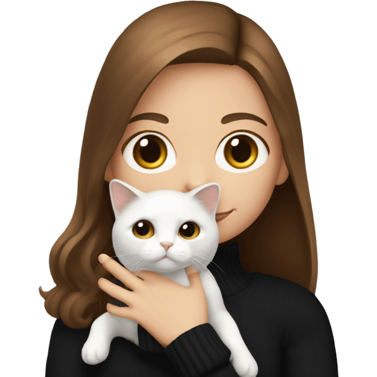 Girl with brown hair in the black sweater and white cat in the hand emoji