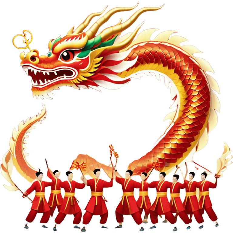 Cinematic Realistic scene of a Chinese Dragon Dance featuring performers energetically holding a vibrant dragon model aloft, with intricately detailed scales and dynamic flowing costumes, illuminated by festive red and gold lighting that captures the spirit of celebration. emoji