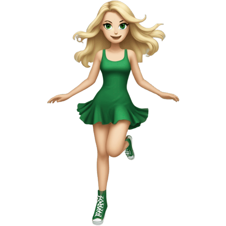 Realistic White girl with Long straight blonde hair, green eyes, tattoos, full body wearing green dress, dancing emoji