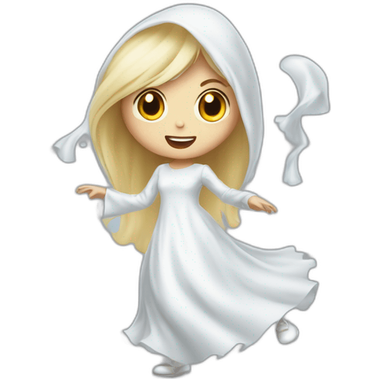 a blondie girl dressed as a ghost moving up the floor going to a party emoji