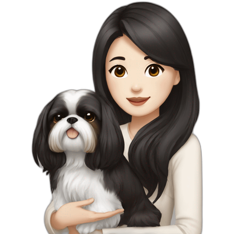 long black hair korean girl with white and brown colored shih tzu emoji