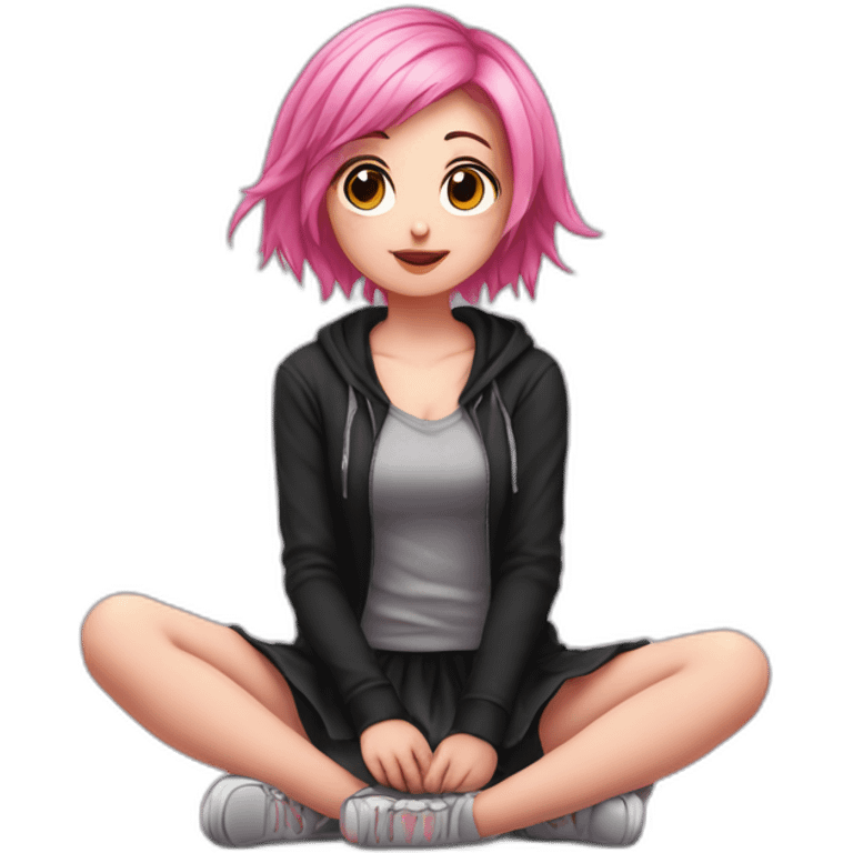 Full body Front view curvy emo girl pink hair sits on the floor straight view hands up black skirt полосатые рваные чулки emoji