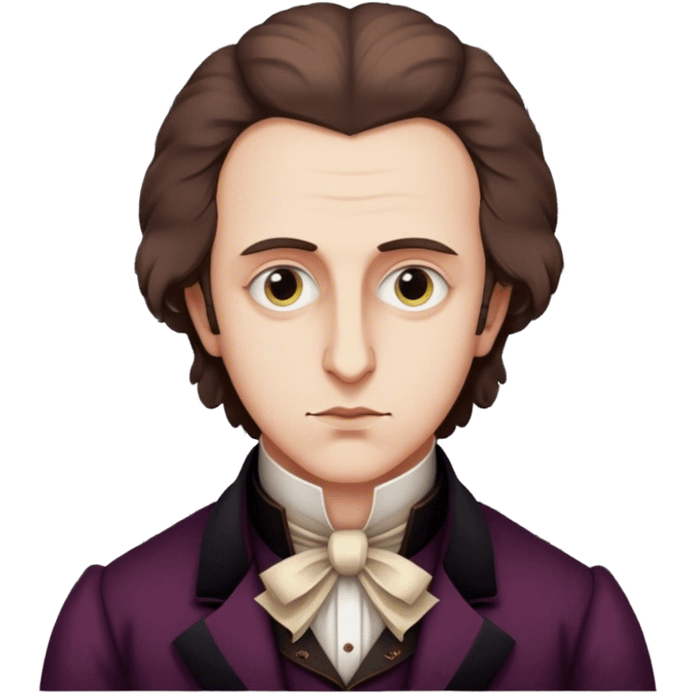 Cinematic Realistic Chopin Portrait Emoji, depicted as an introspective composer with expressive eyes and period attire, rendered with rich textured detail and soft classical lighting that captures his emotive musical genius. emoji