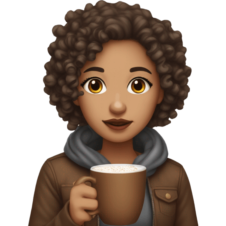 Lightskin girl with curls drinking hot chocolate emoji