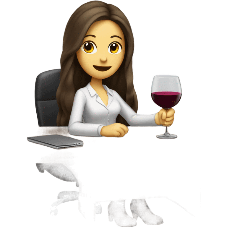 Cute office working brunette drinking wine while at computer long hair fair skin emoji