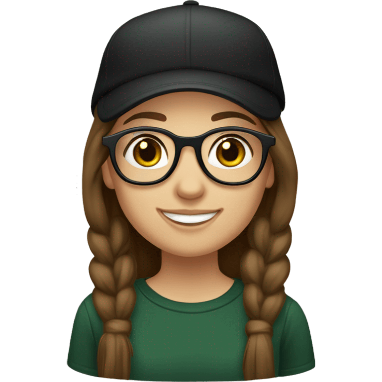 Slavic girl, light skin, smiling with teeth, round brown eyes, spotted frame glasses, long brown straight hair, black T-shirt, dark green cap, black badge ribbon. emoji