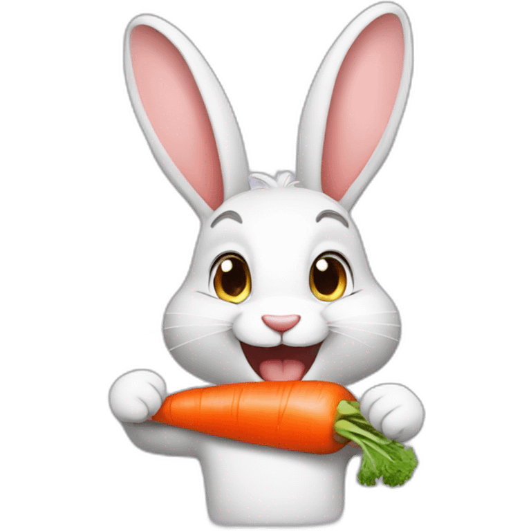 A happy rabbit wearing a t-shirt eats a carrot emoji