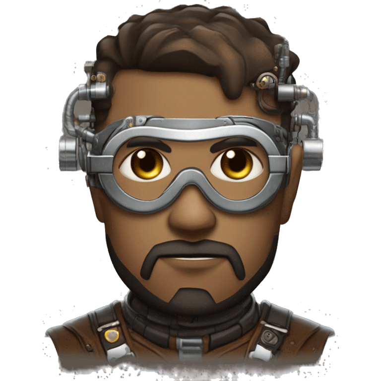 Brown short hair make cyborg head with silver steampunk goggles, brown beard and circuits emoji