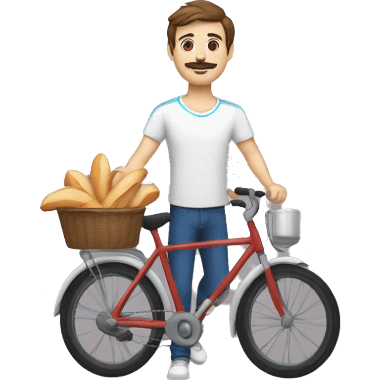 white man with brown hair a moustache and wearing a white t-shirt with several blue stripes, on a bike, wearing a red scarf and holding a baguette emoji