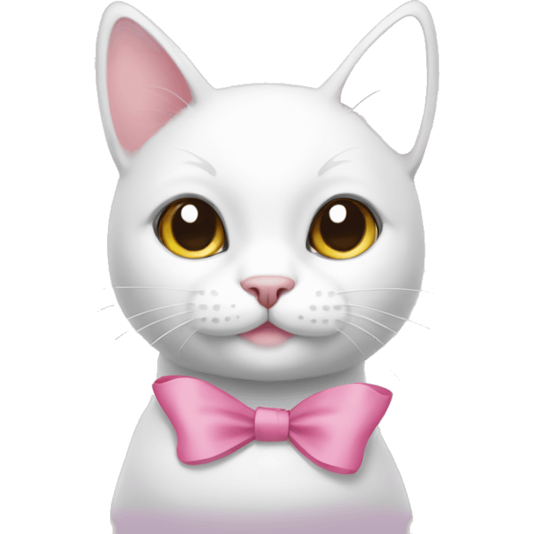 white cat with grey spot on head smiling with a pink bow  emoji