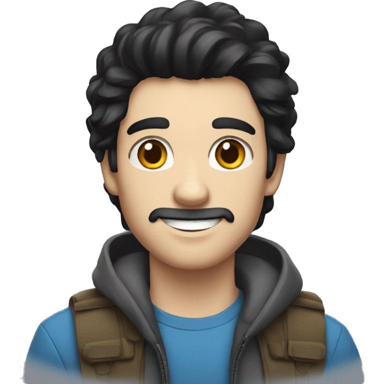 man. black hair, blue eyes, white skin. smiling, adventure emoji