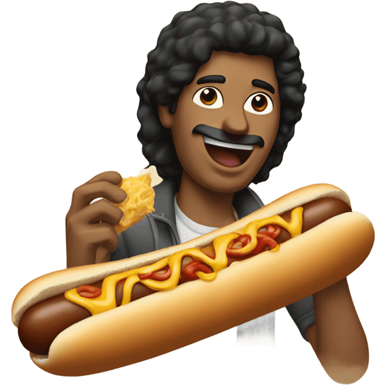 A man with black hair eating a chili cheese dog  emoji