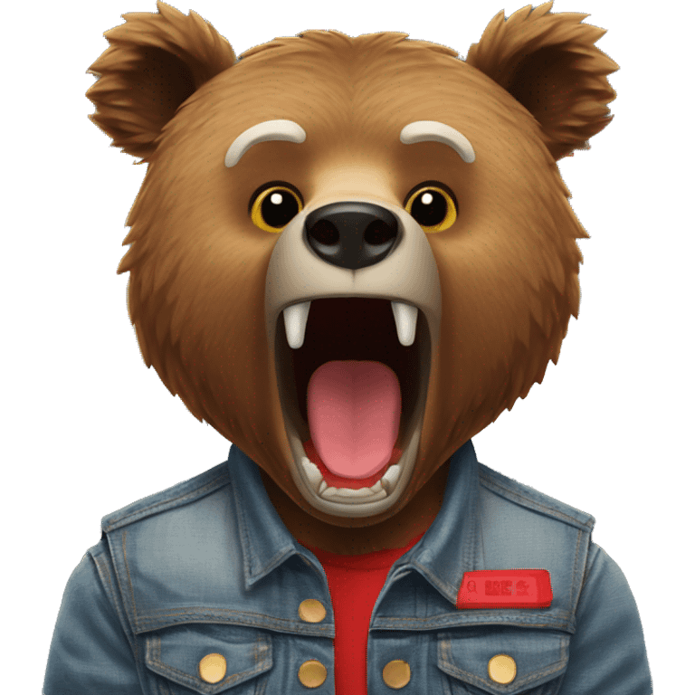 grizzly bear wearing sleeveless jean jacket and red headband with open mouth emoji