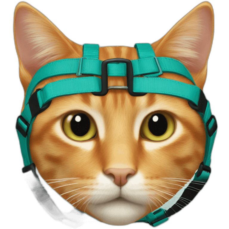 ginger cat with a teal colored harness with black buckles emoji