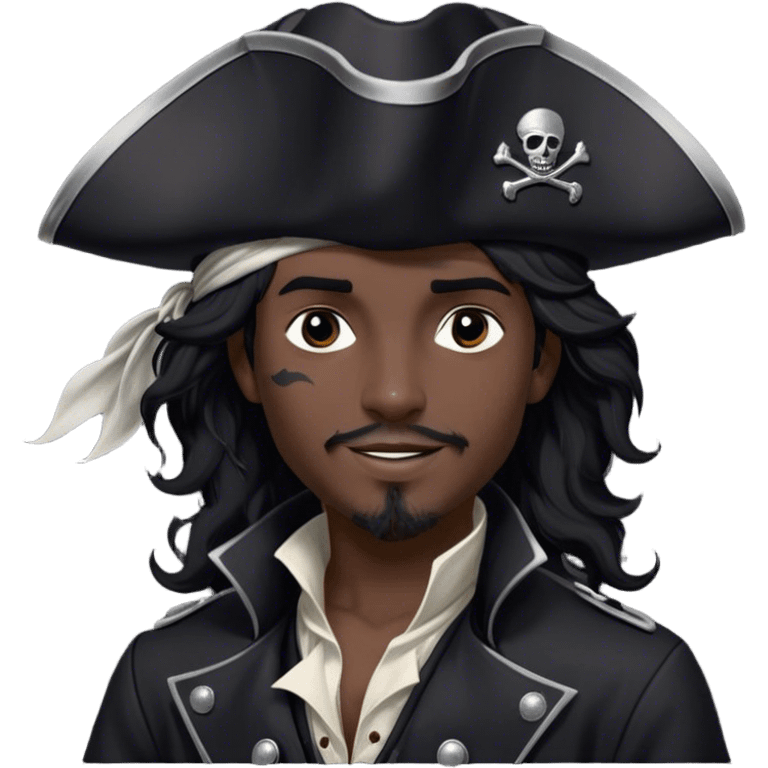 A charismatic pirate with wavy black hair tousled by the breeze. His silver-embroidered tricorn hat casts a shadow. Dark eyes glint with mischief as he looks to the side, a knowing smile on his lips. His black coat, adorned with silver buttons, shifts with the wind emoji