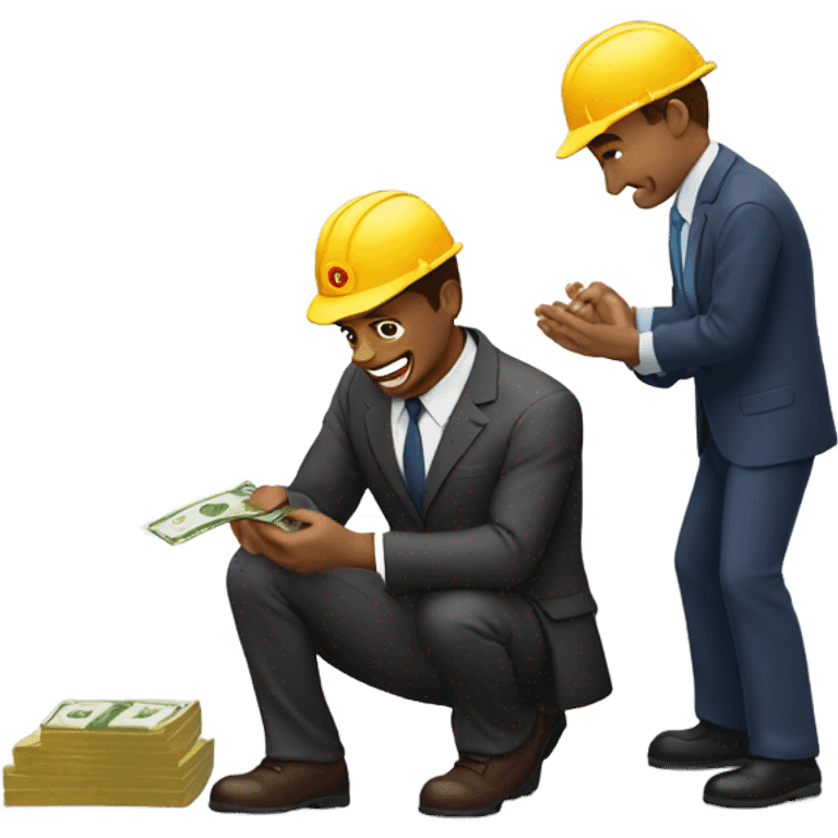 A kneeling construction worker giving a guy with a suit money emoji