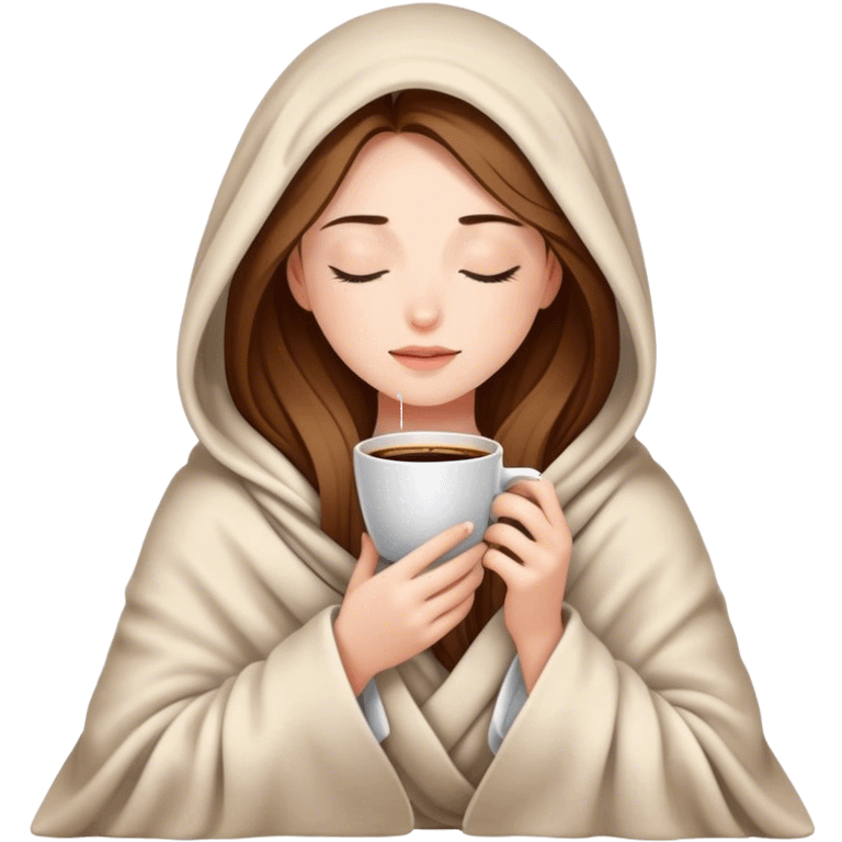 Beautiful girl inside a blanket sipping coffee eyes closed emoji