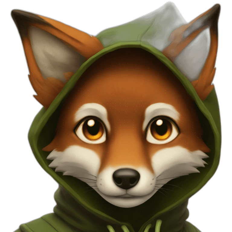 a small dark brown fox with orange eyes with a dark green hood emoji