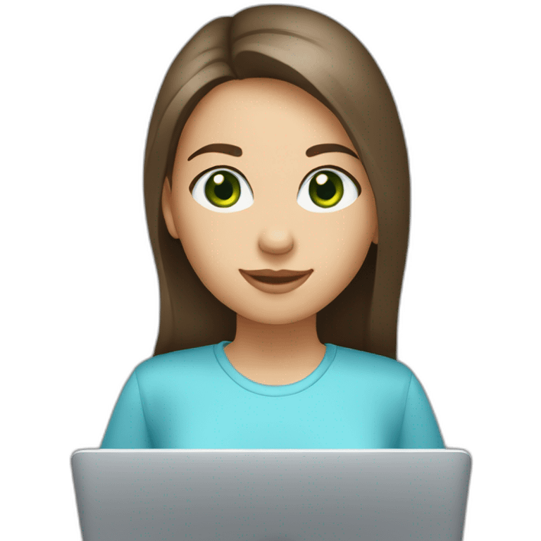 Caucasian girl, long dark brown hair, green eyes, wearing a light blue shirt with laptop emoji