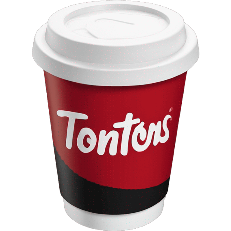 “Red Tim Hortons coffee cup with bold white script logo, black plastic lid, and smooth, minimalist design.” emoji