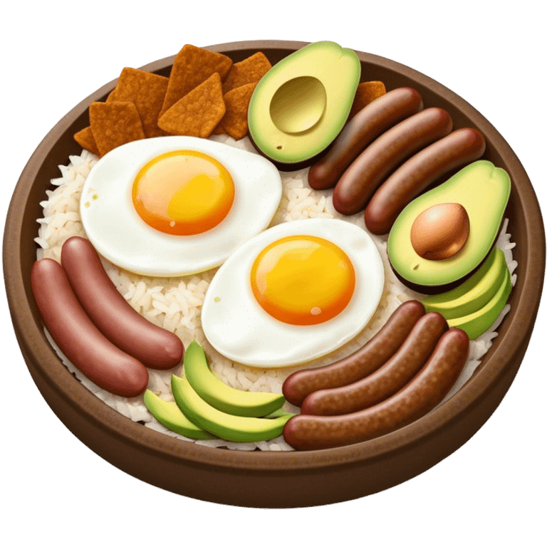 Bandeja Paisa Cinematic Realistic Bandeja Paisa Dish Emoji, depicted as a hearty platter featuring rice, beans, avocado slices, one sausage, a perfectly cooked egg, and crispy pork crackle, rendered with vivid textures and robust, inviting lighting. emoji