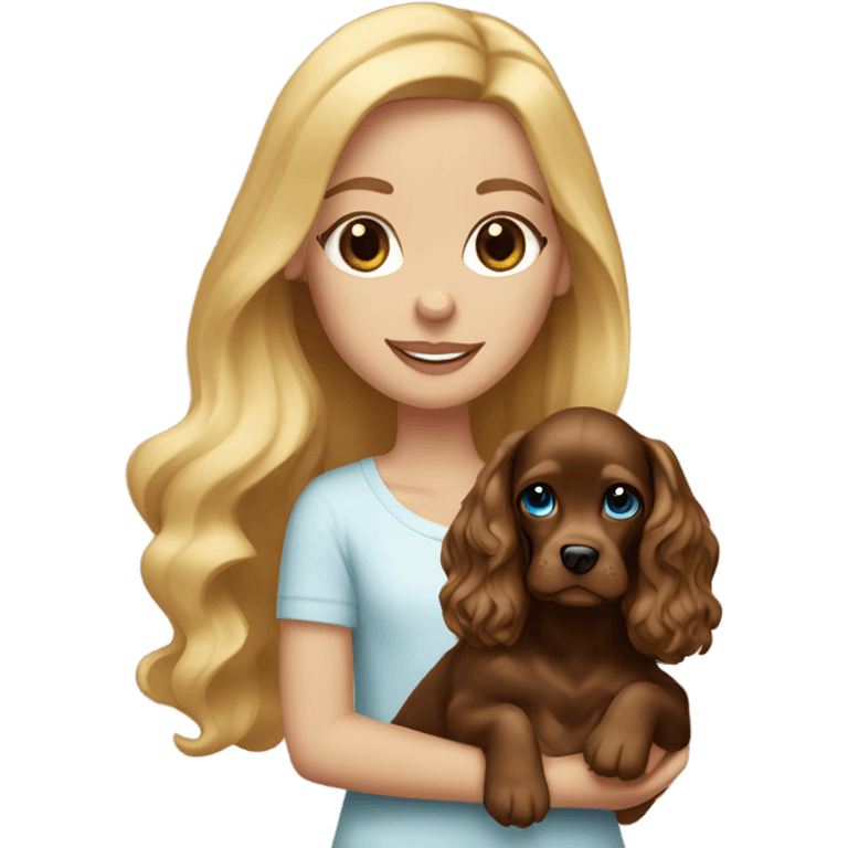 Blonde girl with blue eyes holding a golden brown english cocker spaniel emoji