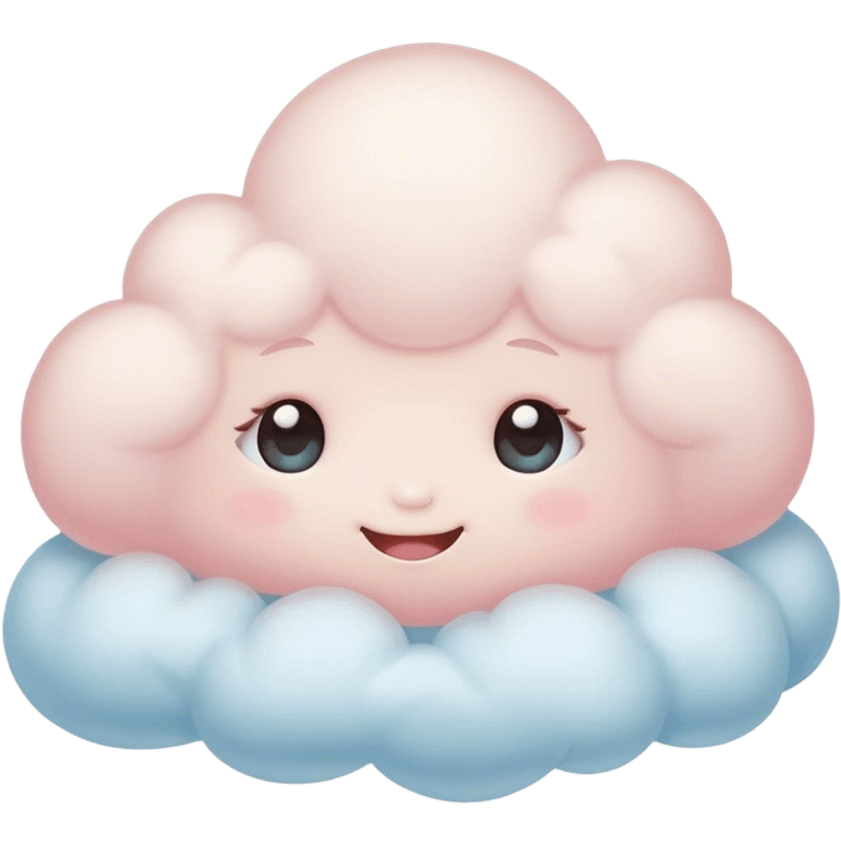 Cinematic tiny snuggly cloud, soft fluffy texture, gentle glowing edges, cute blushing cheeks, floating peacefully in a pastel sky, warm and dreamy. emoji