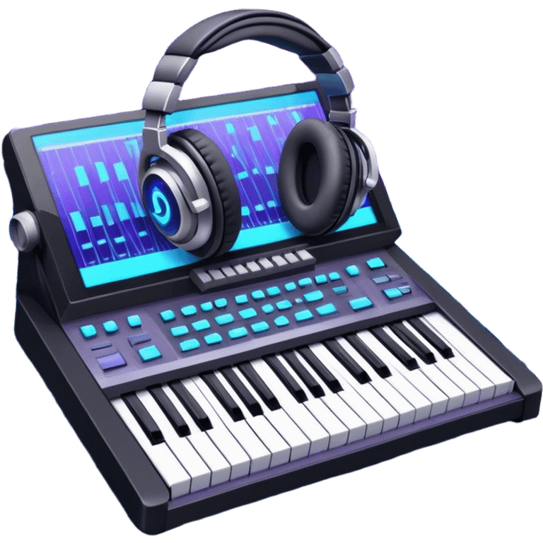 Create a sleek and professional emoji that represents sound design equipment. The design should feature a sound mixing console with faders, a synthesizer, and studio headphones to symbolize the tools used in sound design. Add waves of musical notes surrounding the equipment to represent the dynamic nature of sound creation and manipulation. Use colors like neon blue, purple, silver, and black to convey a modern, creative, and technical vibe. The background should be transparent. emoji