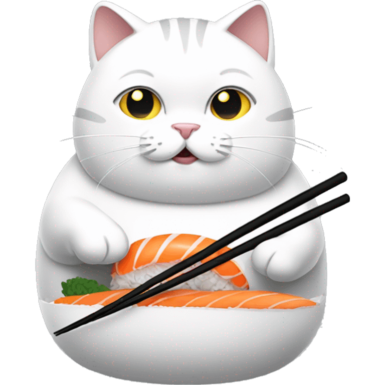 White and grey fat cat eating sushi emoji