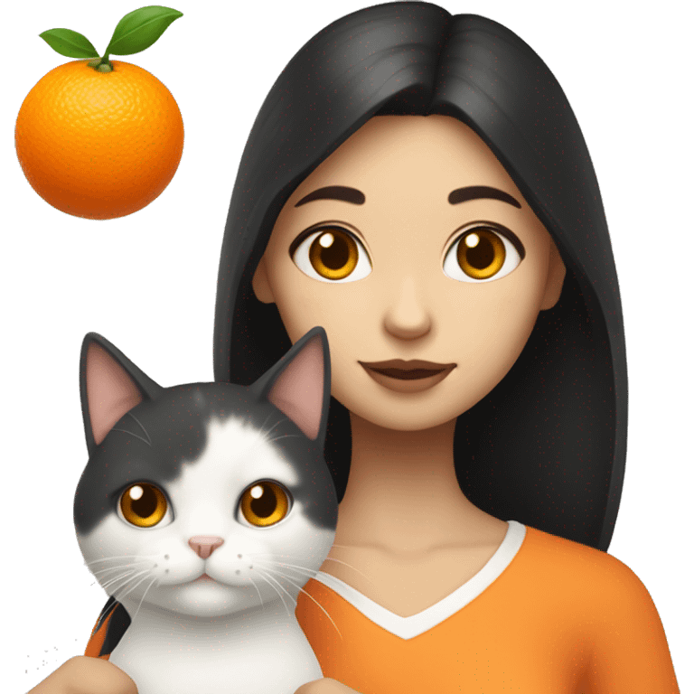 Girl with dark hair and white skin holding orange and white cat   emoji