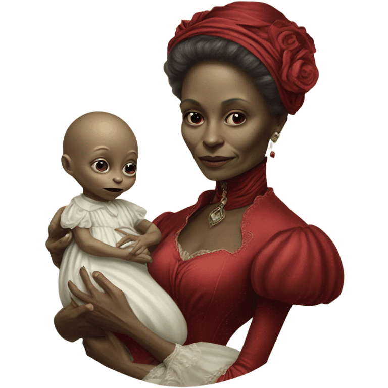  Reptilian alien woman , full body, in victorian red elegant dress , holds a newborn white humman baby emoji