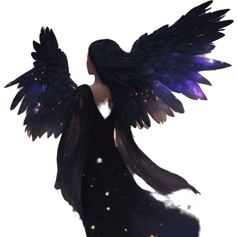 Black Raven wings bohemian girl Ethereal galaxy constellation girl angel raven wings black wings, gold arrow, nebula, flower crown, fairy lights, iridescent, nature, shot by golden arrow emoji