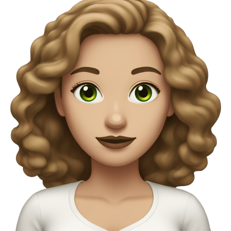 Woman with (green eyes), (long wavy brown hair), (white skin), and (pink lipstick) emoji