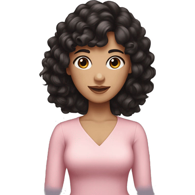 White woman with long black curly hair and bangs and dark brown eyes, wearing a pastel pink dress emoji